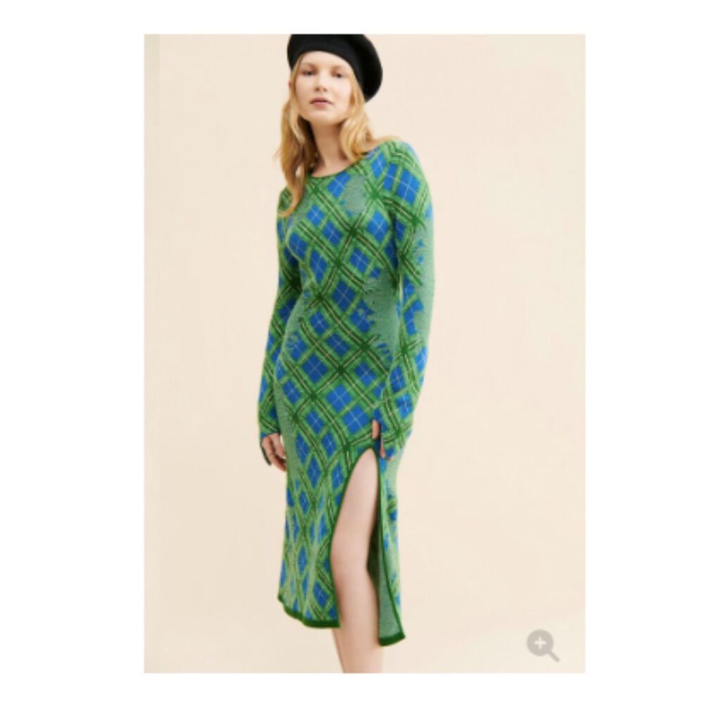 House of Sunny Victoria Tartan Knit Midi Dress Green Blue UK 6 US 2